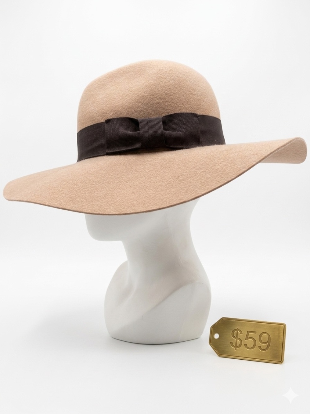 H&M Tan Floppy Wide Brim 100% Wool Hat with Bow – Size S / 54 NWOT